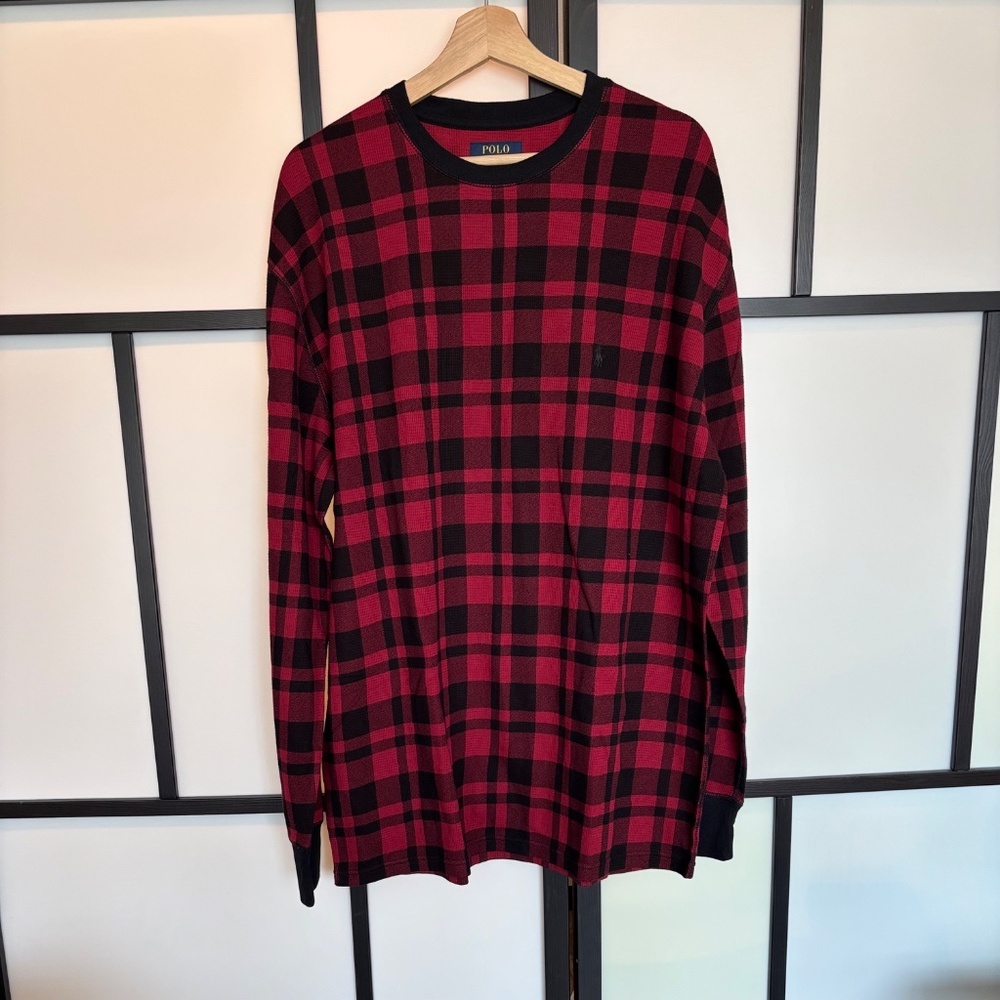 Polo Ralph Lauren Mens Long Sleeve Waffle Knit Thermal Shirt Red Black Plaid XXL